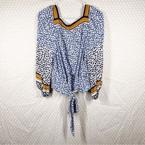 Anthropologie‎ Maeve Blue Leopard Print Tie Waist Balloon Sleeve Top